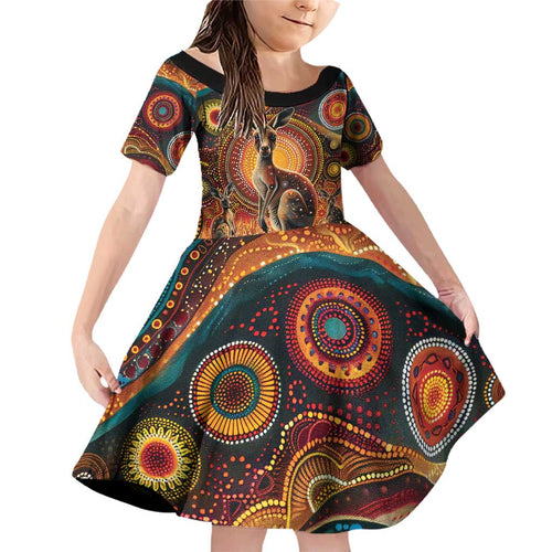 Australian Aboriginal Art Kangaroo Family Matching Off Shoulder Short Dress and Hawaiian Shirt Our Children Our Future Aboriginal Dot Painting