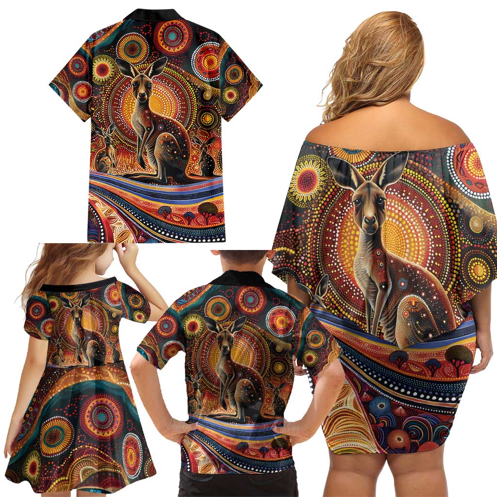 Australian Aboriginal Art Kangaroo Family Matching Off Shoulder Short Dress and Hawaiian Shirt Our Children Our Future Aboriginal Dot Painting