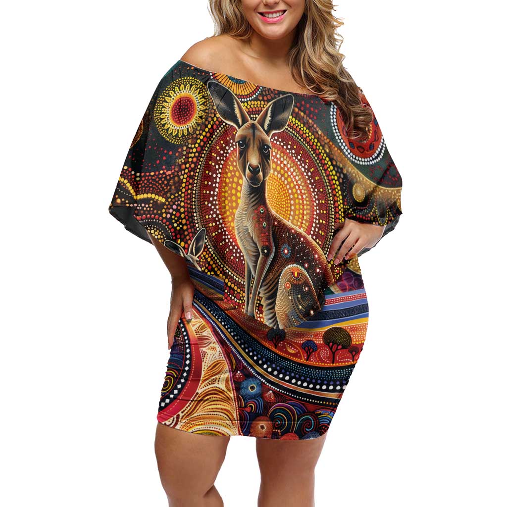 Australian Aboriginal Art Kangaroo Family Matching Off Shoulder Short Dress and Hawaiian Shirt Our Children Our Future Aboriginal Dot Painting