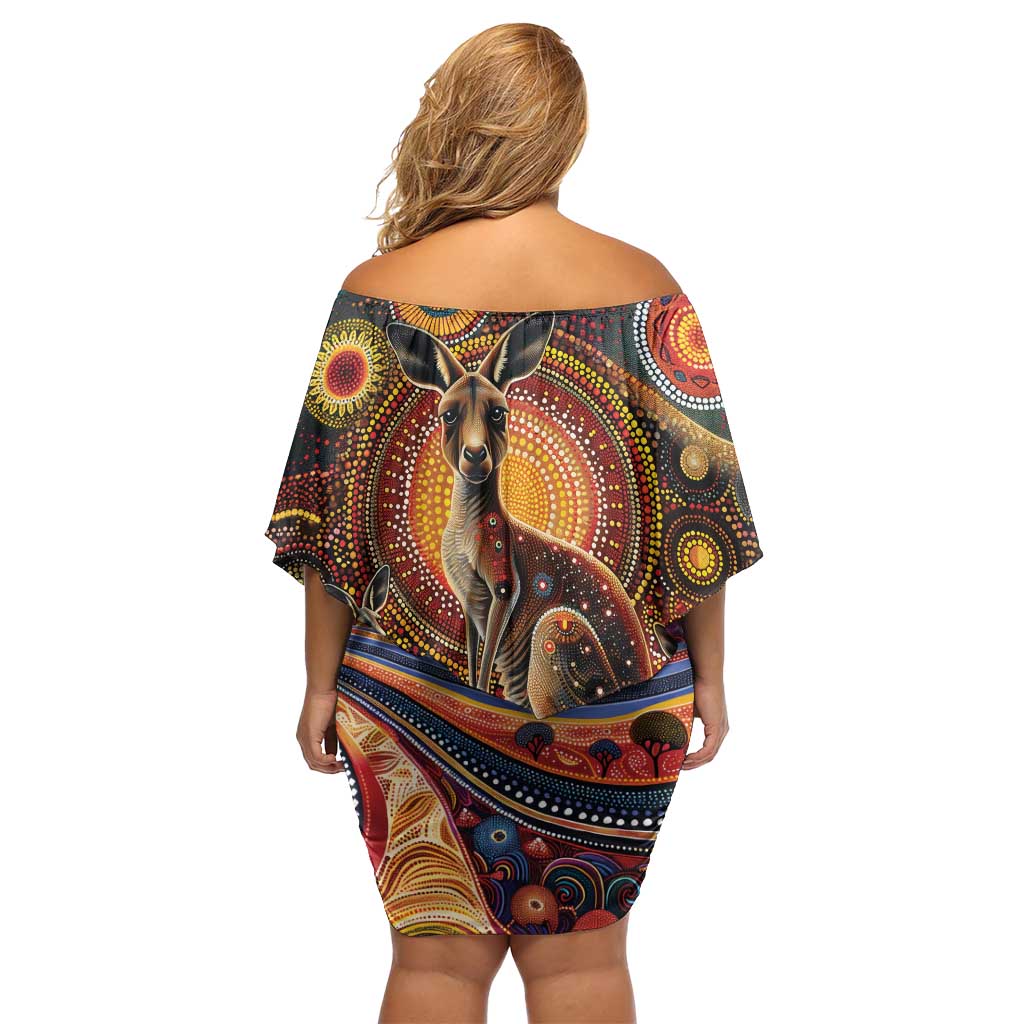 Australian Aboriginal Art Kangaroo Family Matching Off Shoulder Short Dress and Hawaiian Shirt Our Children Our Future Aboriginal Dot Painting