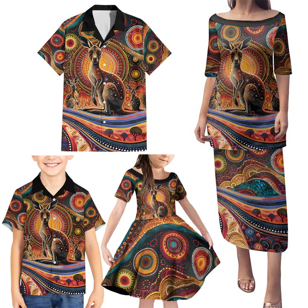 Australian Aboriginal Art Kangaroo Family Matching Puletasi and Hawaiian Shirt Our Children Our Future Aboriginal Dot Painting