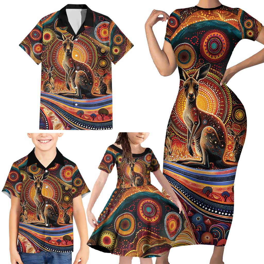 Australian Aboriginal Art Kangaroo Family Matching Short Sleeve Bodycon Dress and Hawaiian Shirt Our Children Our Future Aboriginal Dot Painting