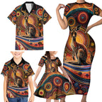 Australian Aboriginal Art Kangaroo Family Matching Short Sleeve Bodycon Dress and Hawaiian Shirt Our Children Our Future Aboriginal Dot Painting