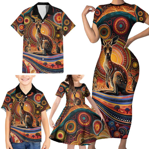 Australian Aboriginal Art Kangaroo Family Matching Short Sleeve Bodycon Dress and Hawaiian Shirt Our Children Our Future Aboriginal Dot Painting