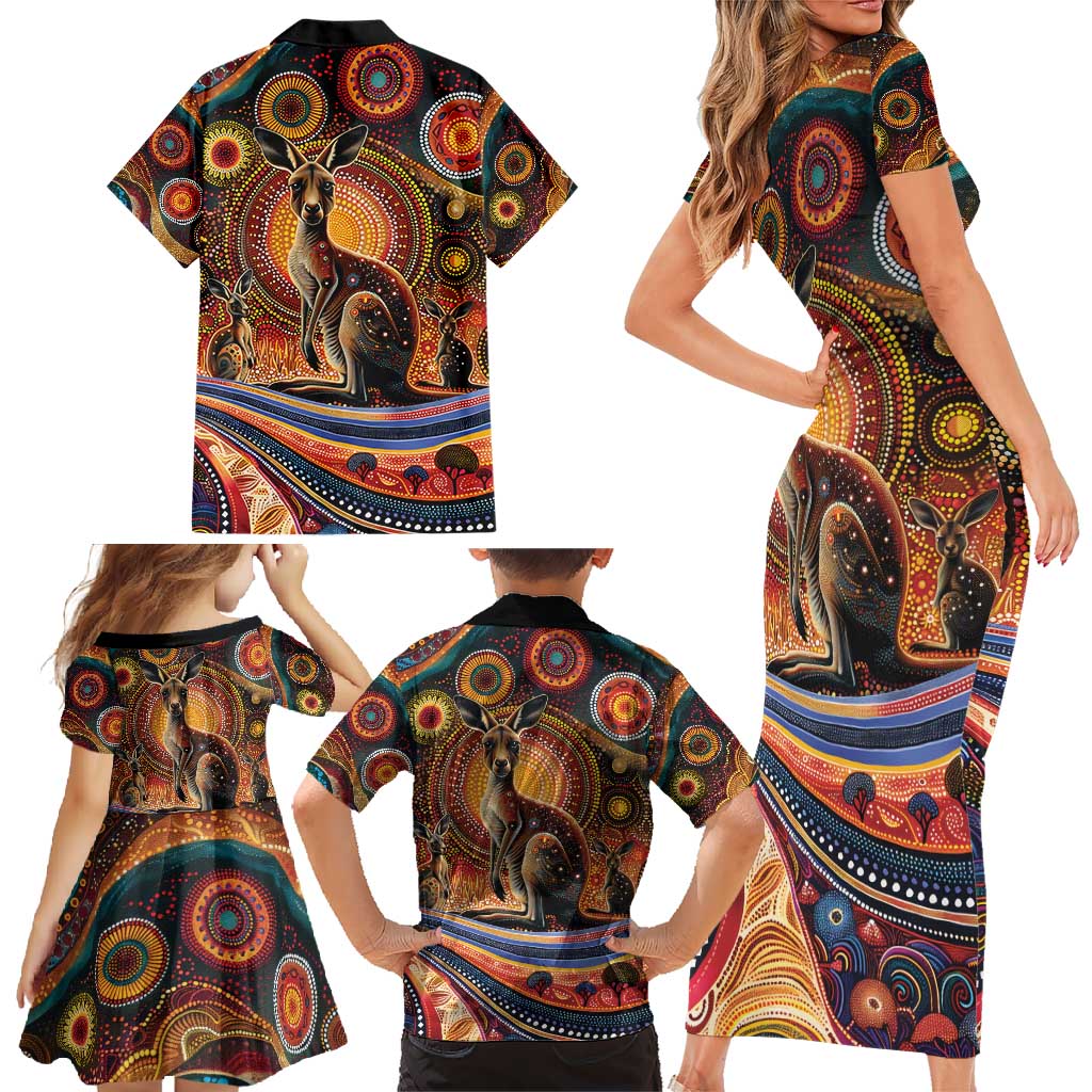 Australian Aboriginal Art Kangaroo Family Matching Short Sleeve Bodycon Dress and Hawaiian Shirt Our Children Our Future Aboriginal Dot Painting