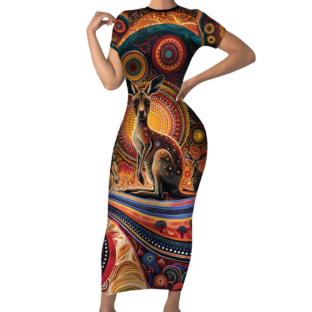 Australian Aboriginal Art Kangaroo Family Matching Short Sleeve Bodycon Dress and Hawaiian Shirt Our Children Our Future Aboriginal Dot Painting