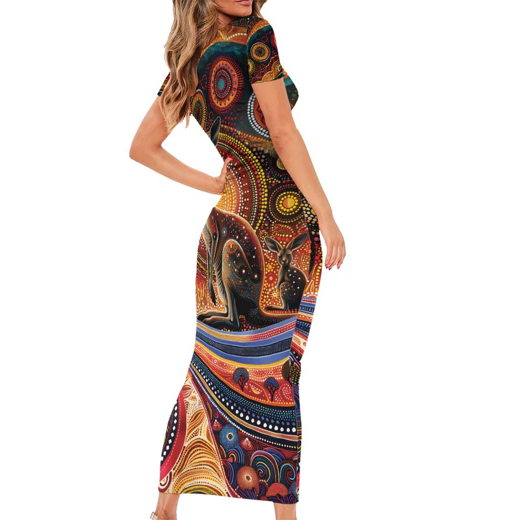 Australian Aboriginal Art Kangaroo Family Matching Short Sleeve Bodycon Dress and Hawaiian Shirt Our Children Our Future Aboriginal Dot Painting