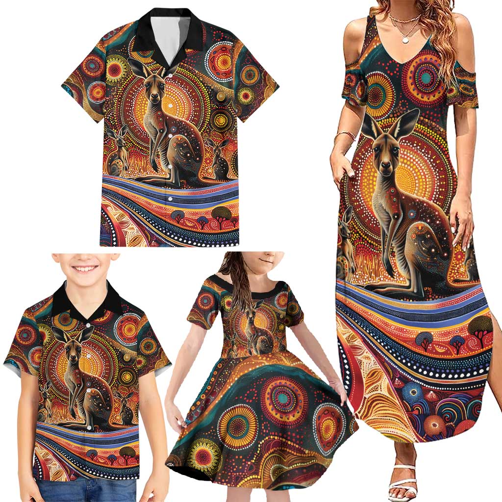 Australian Aboriginal Art Kangaroo Family Matching Summer Maxi Dress and Hawaiian Shirt Our Children Our Future Aboriginal Dot Painting
