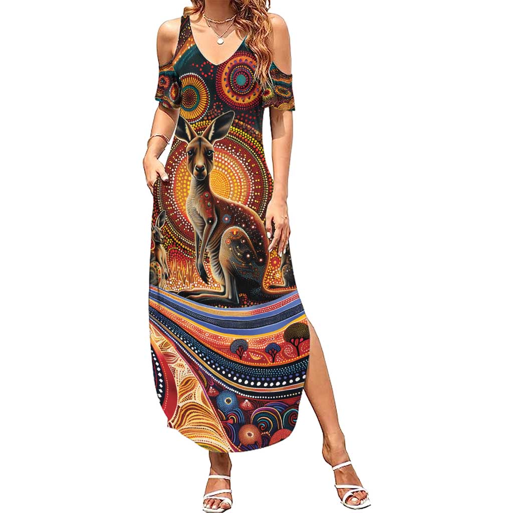 Australian Aboriginal Art Kangaroo Family Matching Summer Maxi Dress and Hawaiian Shirt Our Children Our Future Aboriginal Dot Painting