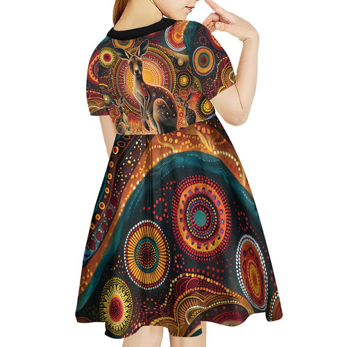 Australian Aboriginal Art Kangaroo Kid Short Sleeve Dress Our Children Our Future Aboriginal Dot Painting