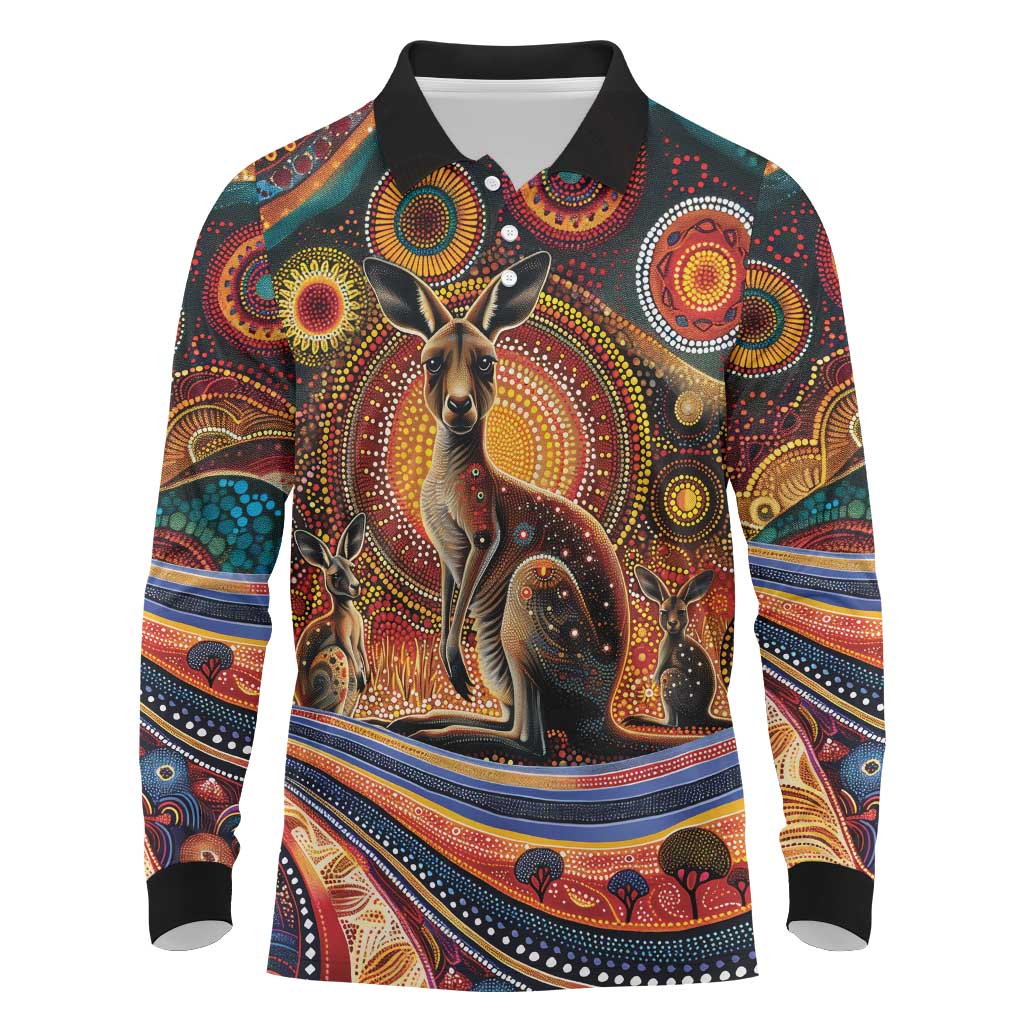 Australian Aboriginal Art Kangaroo Long Sleeve Polo Shirt Our Children Our Future Aboriginal Dot Painting