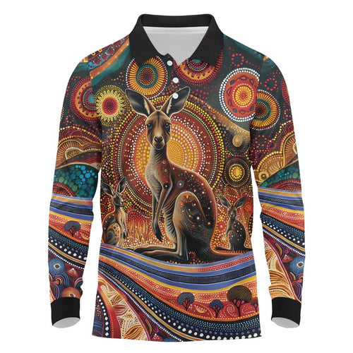 Australian Aboriginal Art Kangaroo Long Sleeve Polo Shirt Our Children Our Future Aboriginal Dot Painting