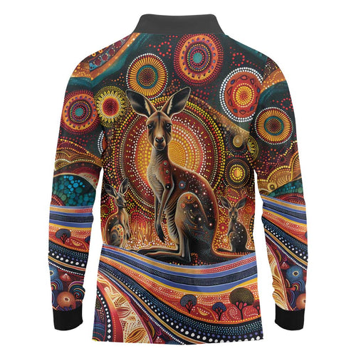 Australian Aboriginal Art Kangaroo Long Sleeve Polo Shirt Our Children Our Future Aboriginal Dot Painting