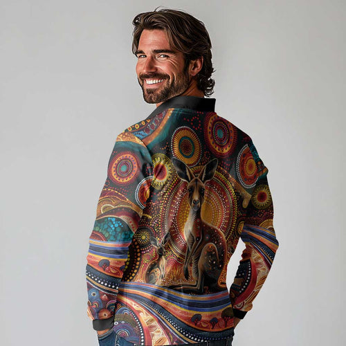 Australian Aboriginal Art Kangaroo Long Sleeve Polo Shirt Our Children Our Future Aboriginal Dot Painting
