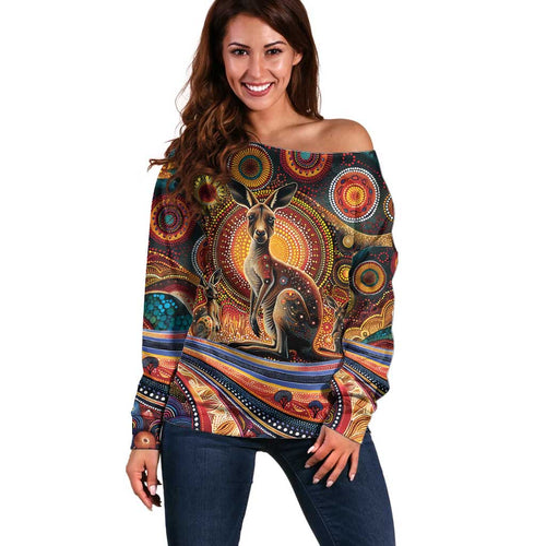 Australian Aboriginal Art Kangaroo Off Shoulder Sweater Our Children Our Future Aboriginal Dot Painting