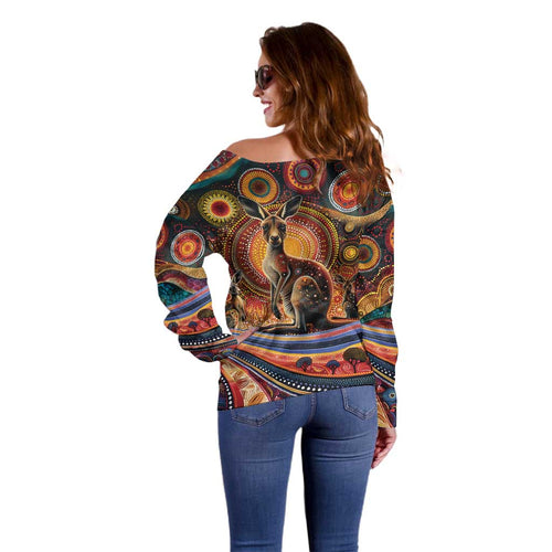 Australian Aboriginal Art Kangaroo Off Shoulder Sweater Our Children Our Future Aboriginal Dot Painting