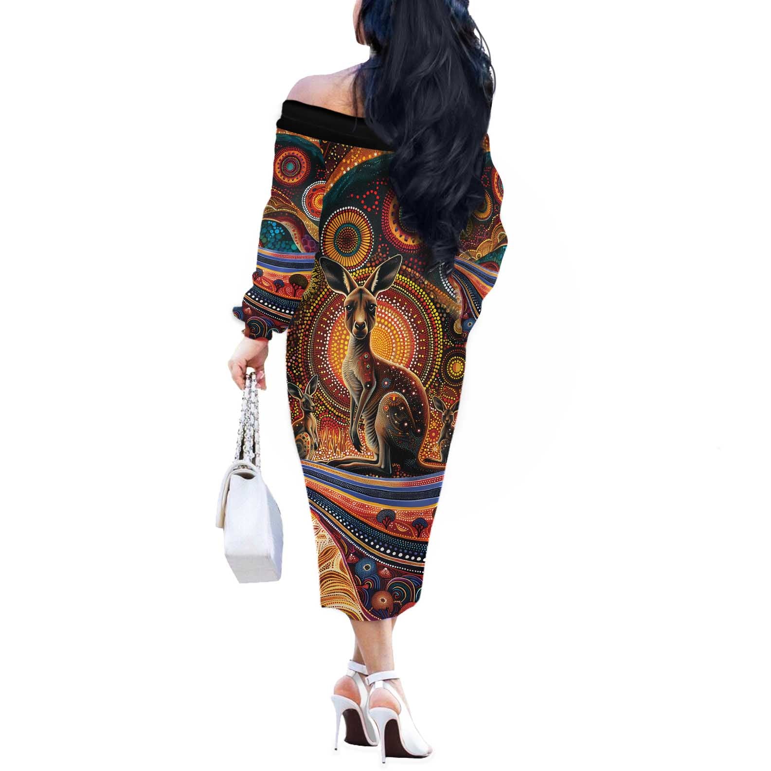 Australian Aboriginal Art Kangaroo Off The Shoulder Long Sleeve Dress Our Children Our Future Aboriginal Dot Painting