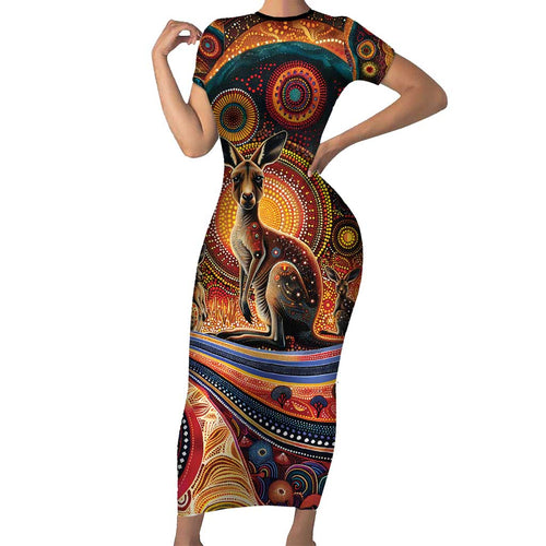 Australian Aboriginal Art Kangaroo Short Sleeve Bodycon Dress Our Children Our Future Aboriginal Dot Painting