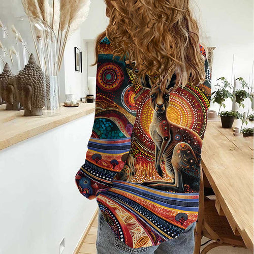 Australian Aboriginal Art Kangaroo Women Casual Shirt Our Children Our Future Aboriginal Dot Painting