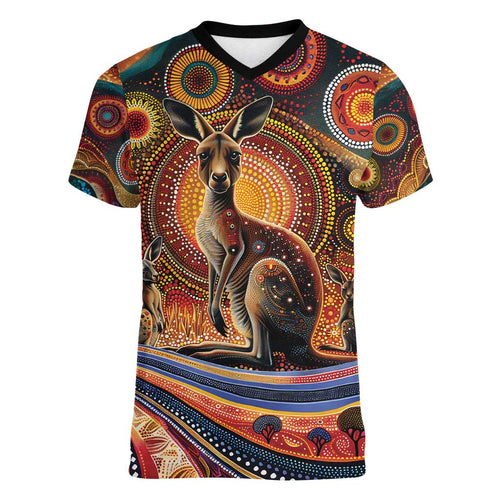 Australian Aboriginal Art Kangaroo Women V-Neck T-Shirt Our Children Our Future Aboriginal Dot Painting