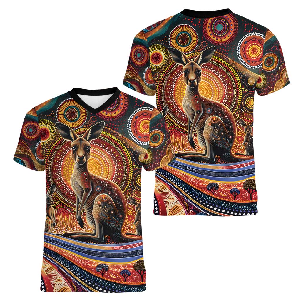 Australian Aboriginal Art Kangaroo Women V-Neck T-Shirt Our Children Our Future Aboriginal Dot Painting