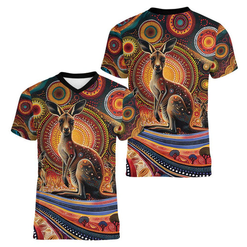Australian Aboriginal Art Kangaroo Women V-Neck T-Shirt Our Children Our Future Aboriginal Dot Painting