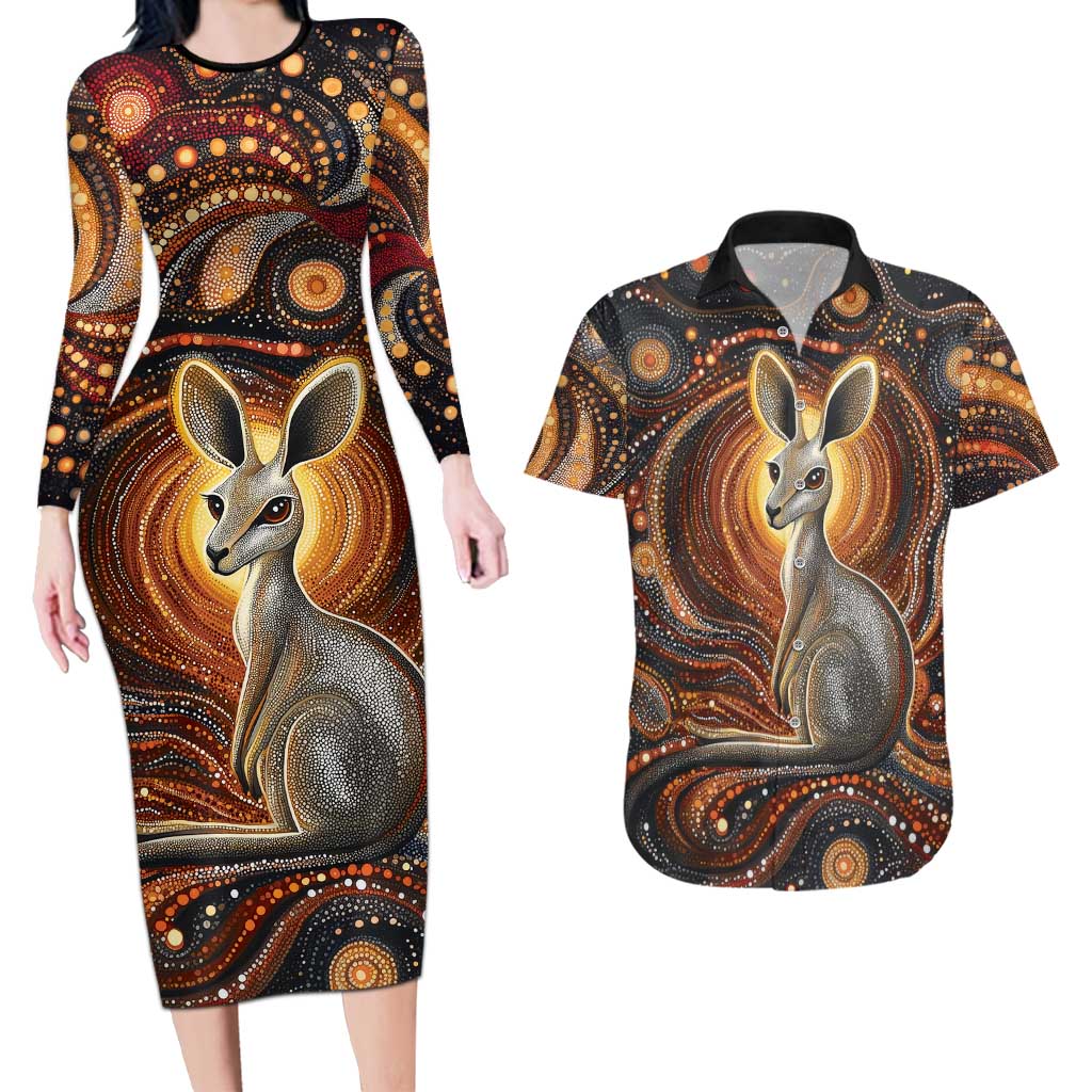 Australian Aboriginal Art Kangaroo Couples Matching Long Sleeve Bodycon Dress and Hawaiian Shirt Warm Earth Tones Aboriginal Dot Painting
