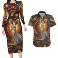 Australian Aboriginal Art Kangaroo Couples Matching Long Sleeve Bodycon Dress and Hawaiian Shirt Warm Earth Tones Aboriginal Dot Painting