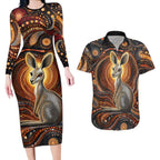 Australian Aboriginal Art Kangaroo Couples Matching Long Sleeve Bodycon Dress and Hawaiian Shirt Warm Earth Tones Aboriginal Dot Painting