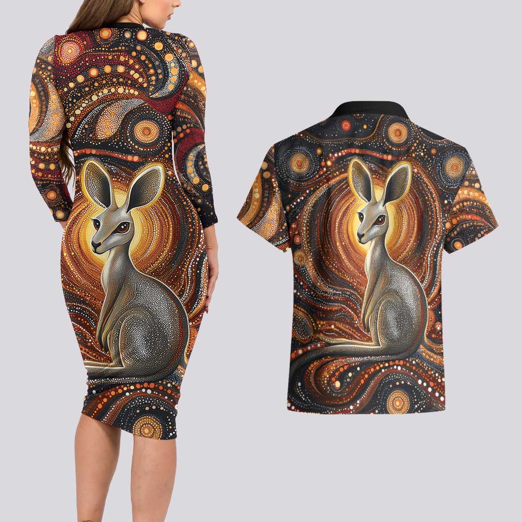 Australian Aboriginal Art Kangaroo Couples Matching Long Sleeve Bodycon Dress and Hawaiian Shirt Warm Earth Tones Aboriginal Dot Painting