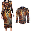 Australian Aboriginal Art Kangaroo Couples Matching Long Sleeve Bodycon Dress and Long Sleeve Button Shirt Warm Earth Tones Aboriginal Dot Painting