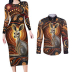 Australian Aboriginal Art Kangaroo Couples Matching Long Sleeve Bodycon Dress and Long Sleeve Button Shirt Warm Earth Tones Aboriginal Dot Painting