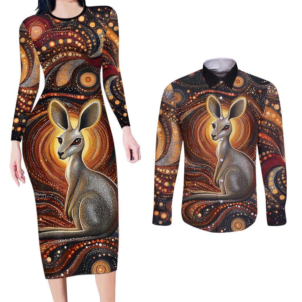 Australian Aboriginal Art Kangaroo Couples Matching Long Sleeve Bodycon Dress and Long Sleeve Button Shirt Warm Earth Tones Aboriginal Dot Painting