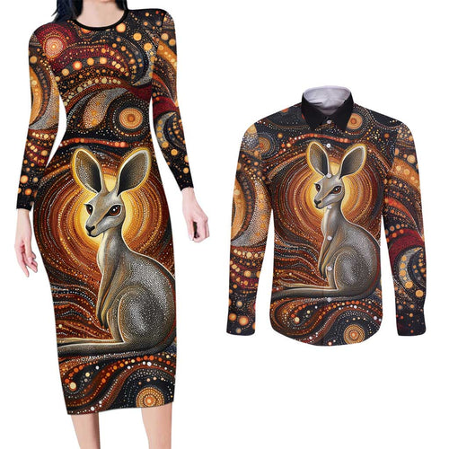Australian Aboriginal Art Kangaroo Couples Matching Long Sleeve Bodycon Dress and Long Sleeve Button Shirt Warm Earth Tones Aboriginal Dot Painting