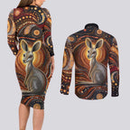 Australian Aboriginal Art Kangaroo Couples Matching Long Sleeve Bodycon Dress and Long Sleeve Button Shirt Warm Earth Tones Aboriginal Dot Painting