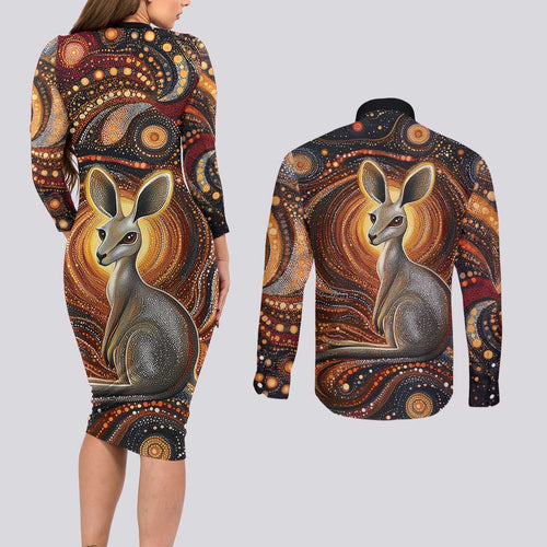 Australian Aboriginal Art Kangaroo Couples Matching Long Sleeve Bodycon Dress and Long Sleeve Button Shirt Warm Earth Tones Aboriginal Dot Painting