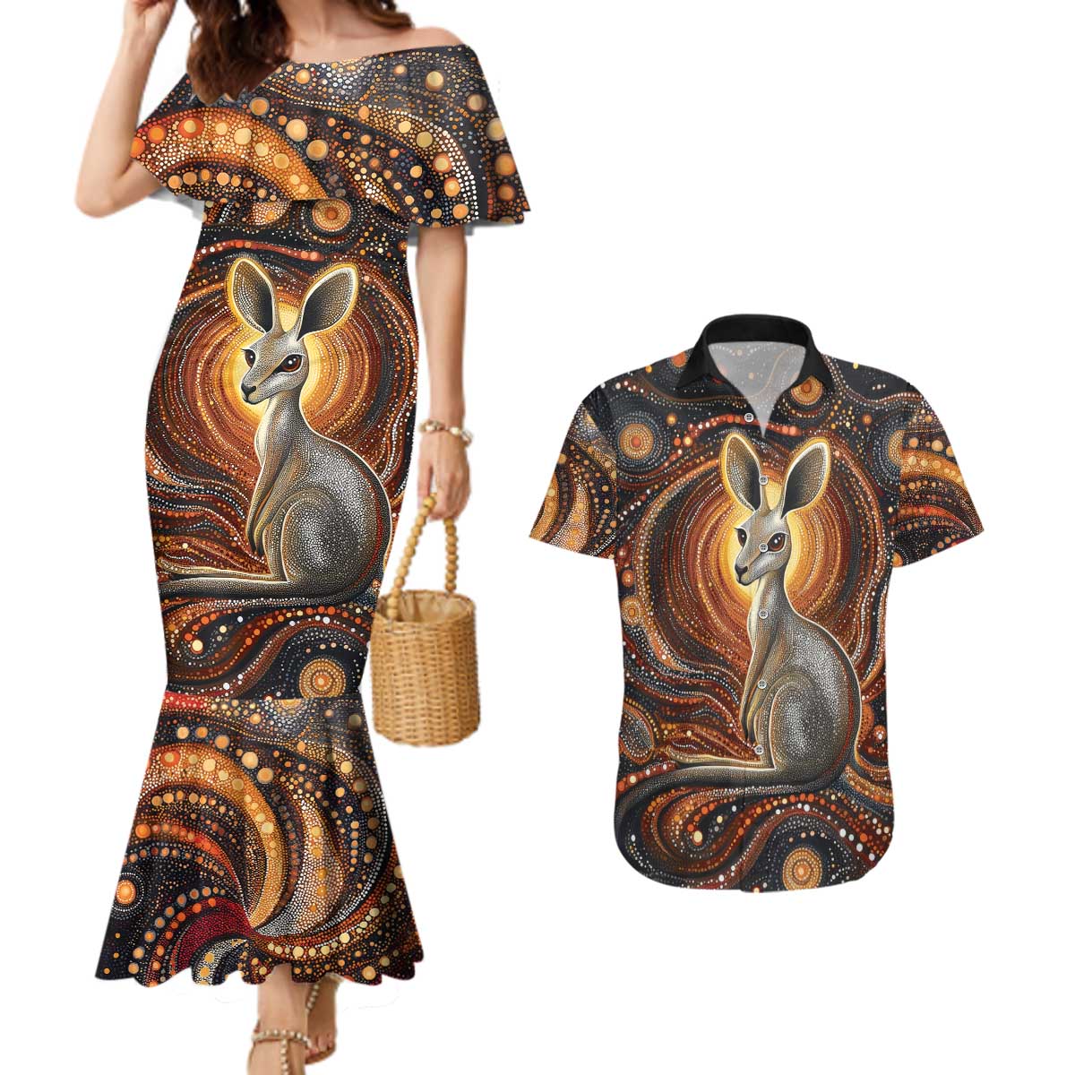 Australian Aboriginal Art Kangaroo Couples Matching Mermaid Dress and Hawaiian Shirt Warm Earth Tones Aboriginal Dot Painting