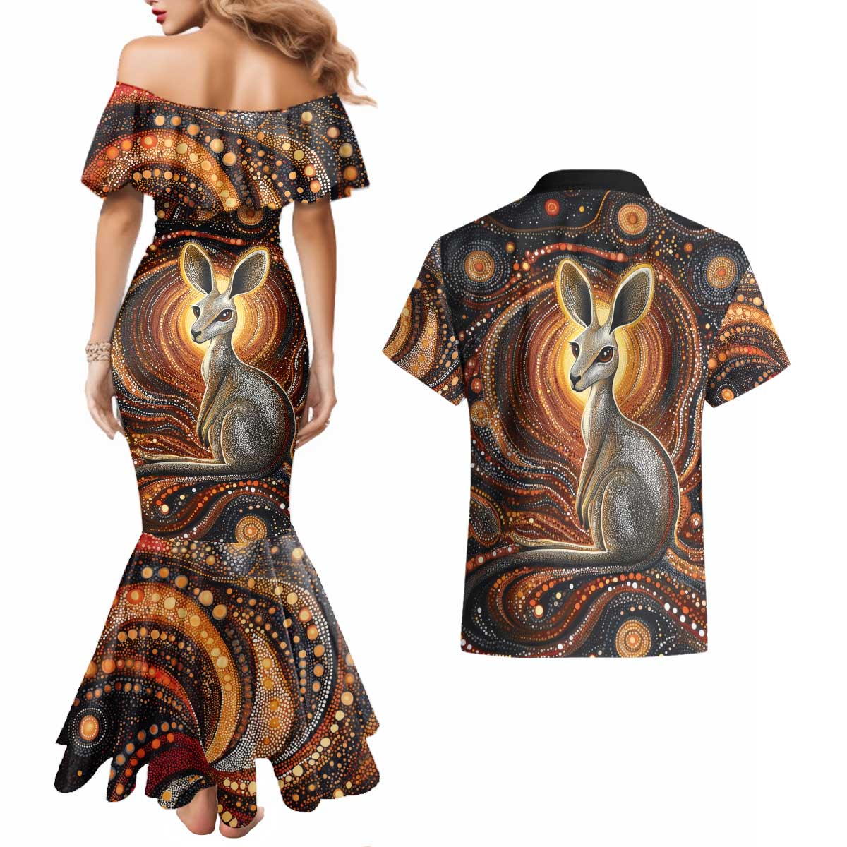 Australian Aboriginal Art Kangaroo Couples Matching Mermaid Dress and Hawaiian Shirt Warm Earth Tones Aboriginal Dot Painting