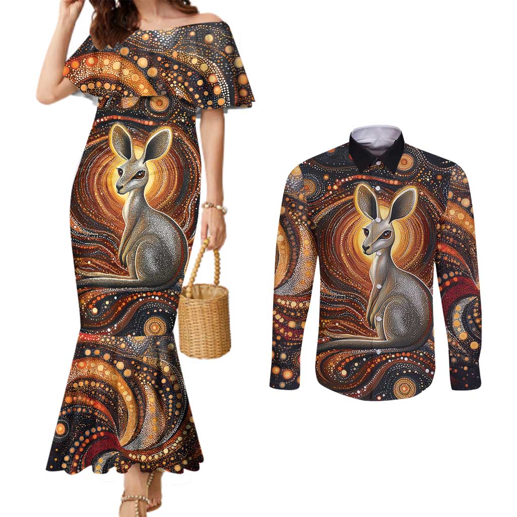 Australian Aboriginal Art Kangaroo Couples Matching Mermaid Dress and Long Sleeve Button Shirt Warm Earth Tones Aboriginal Dot Painting