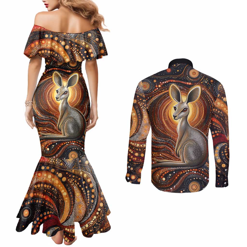 Australian Aboriginal Art Kangaroo Couples Matching Mermaid Dress and Long Sleeve Button Shirt Warm Earth Tones Aboriginal Dot Painting