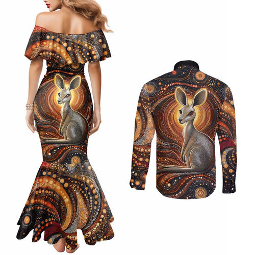 Australian Aboriginal Art Kangaroo Couples Matching Mermaid Dress and Long Sleeve Button Shirt Warm Earth Tones Aboriginal Dot Painting