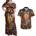Australian Aboriginal Art Kangaroo Couples Matching Off Shoulder Maxi Dress and Hawaiian Shirt Warm Earth Tones Aboriginal Dot Painting