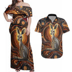 Australian Aboriginal Art Kangaroo Couples Matching Off Shoulder Maxi Dress and Hawaiian Shirt Warm Earth Tones Aboriginal Dot Painting