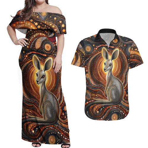Australian Aboriginal Art Kangaroo Couples Matching Off Shoulder Maxi Dress and Hawaiian Shirt Warm Earth Tones Aboriginal Dot Painting