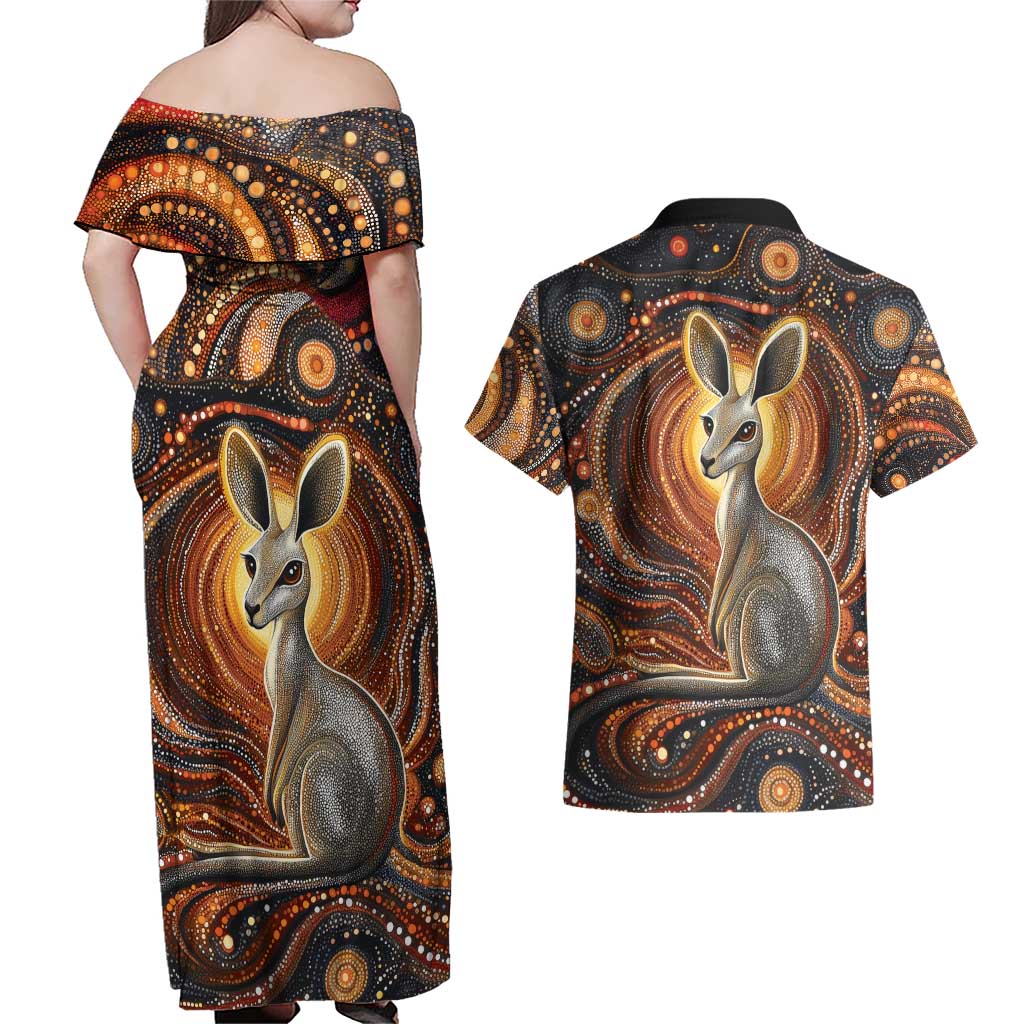 Australian Aboriginal Art Kangaroo Couples Matching Off Shoulder Maxi Dress and Hawaiian Shirt Warm Earth Tones Aboriginal Dot Painting