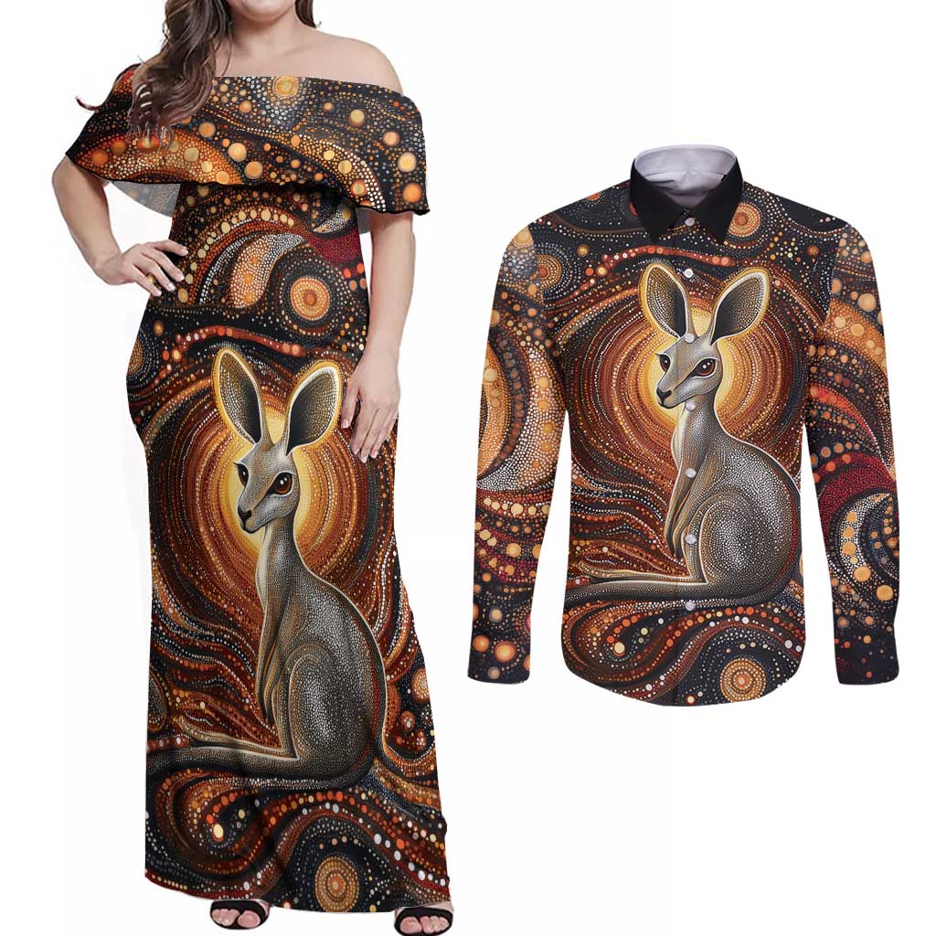 Australian Aboriginal Art Kangaroo Couples Matching Off Shoulder Maxi Dress and Long Sleeve Button Shirt Warm Earth Tones Aboriginal Dot Painting