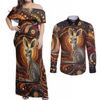 Australian Aboriginal Art Kangaroo Couples Matching Off Shoulder Maxi Dress and Long Sleeve Button Shirt Warm Earth Tones Aboriginal Dot Painting