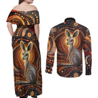 Australian Aboriginal Art Kangaroo Couples Matching Off Shoulder Maxi Dress and Long Sleeve Button Shirt Warm Earth Tones Aboriginal Dot Painting