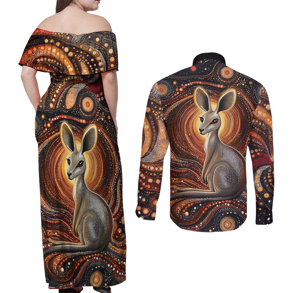 Australian Aboriginal Art Kangaroo Couples Matching Off Shoulder Maxi Dress and Long Sleeve Button Shirt Warm Earth Tones Aboriginal Dot Painting
