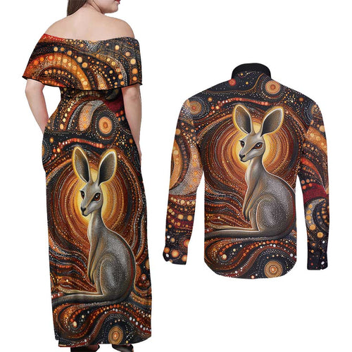 Australian Aboriginal Art Kangaroo Couples Matching Off Shoulder Maxi Dress and Long Sleeve Button Shirt Warm Earth Tones Aboriginal Dot Painting